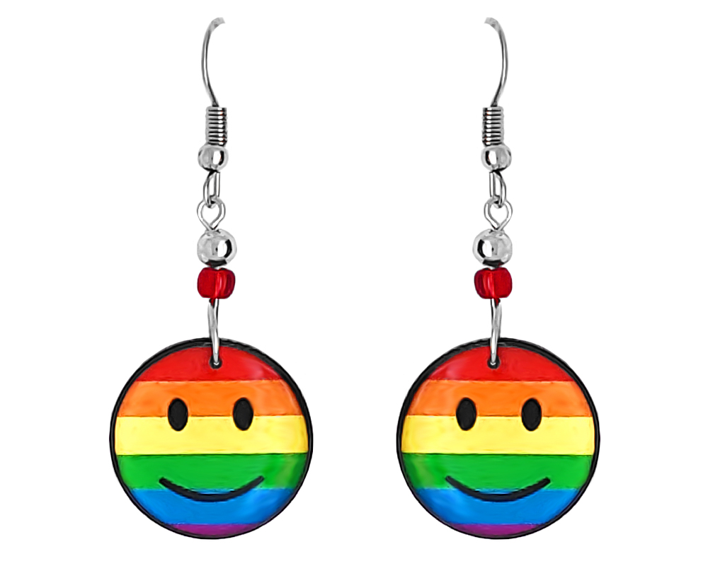Handmade rainbow smiley face acrylic dangle earrings with beaded metal hooks in striped pattern.