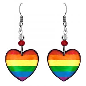 Handmade rainbow heart-shaped acrylic dangle earrings with beaded metal hooks in striped pattern.