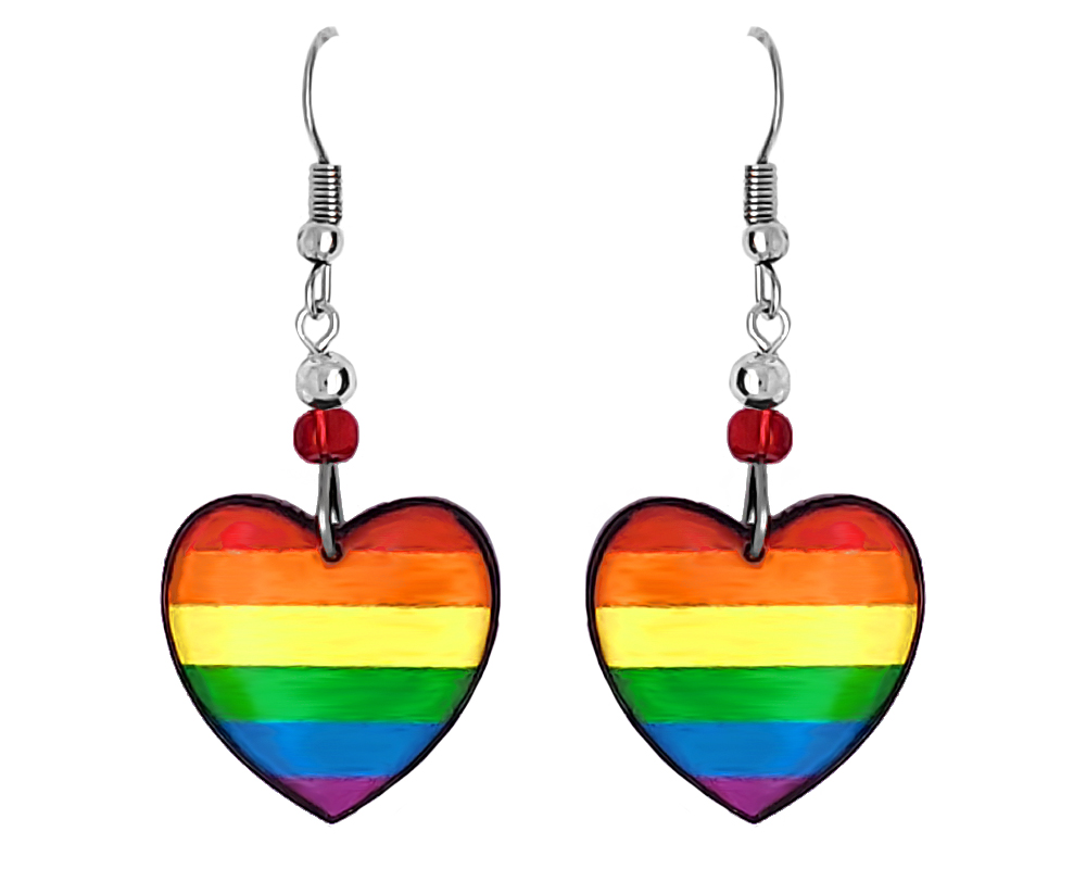Handmade rainbow heart-shaped acrylic dangle earrings with beaded metal hooks in striped pattern.