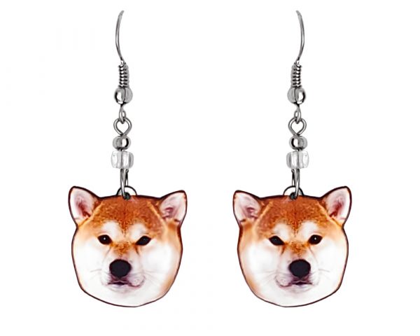 Shiba Inu dog face acrylic dangle earrings with beaded metal hooks in dark orange, peach, and white color combination.