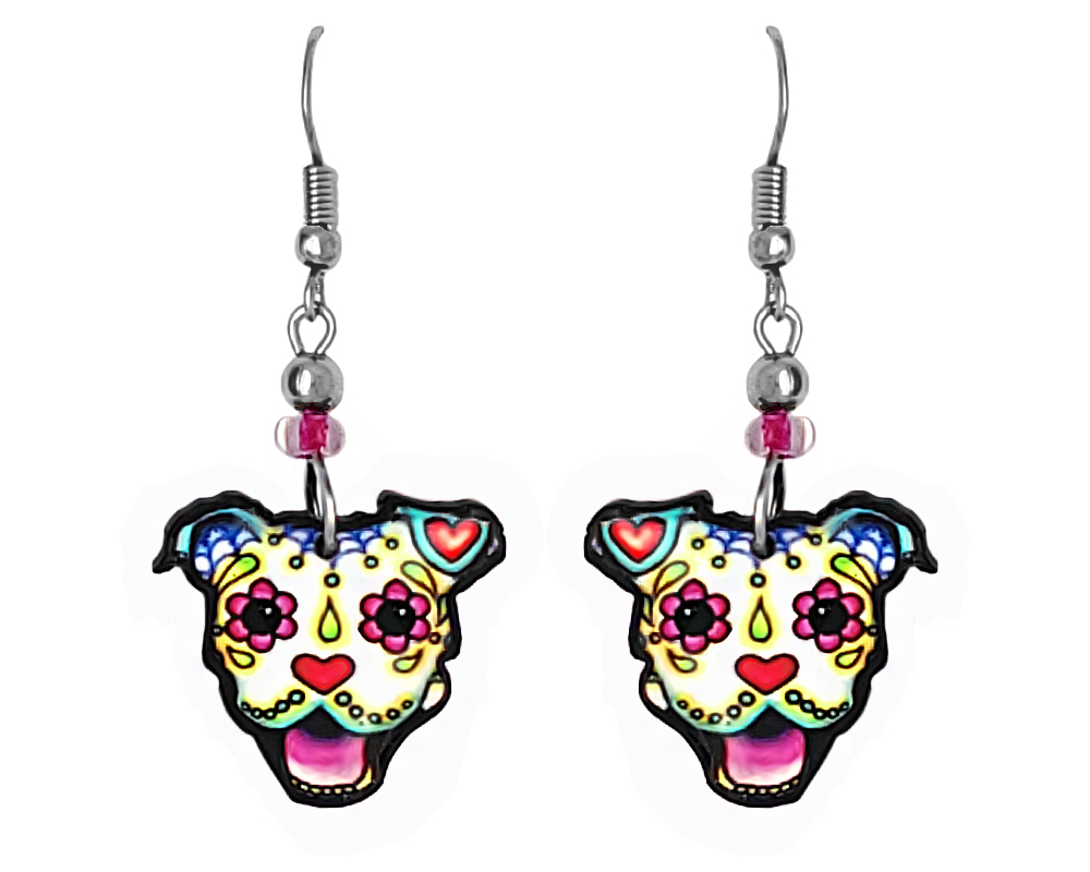 EA-041404003734 Day of the Dead sugar skull pattern dog face acrylic dangle earrings with beaded metal hooks in white, hot pink, lime green, yellow, and blue multicolored color combination.