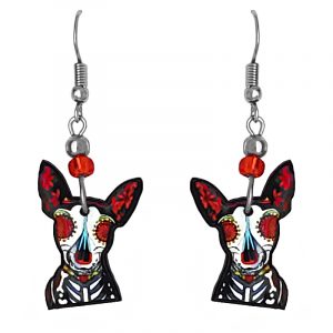 Day of the Dead sugar skull pattern chihuahua dog acrylic dangle earrings with beaded metal hooks in white, red, black, gray, lime green, and light blue multicolored color combination.