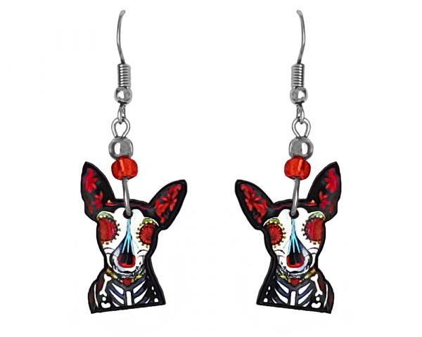 Day of the Dead sugar skull pattern chihuahua dog acrylic dangle earrings with beaded metal hooks in white, red, black, gray, lime green, and light blue multicolored color combination.