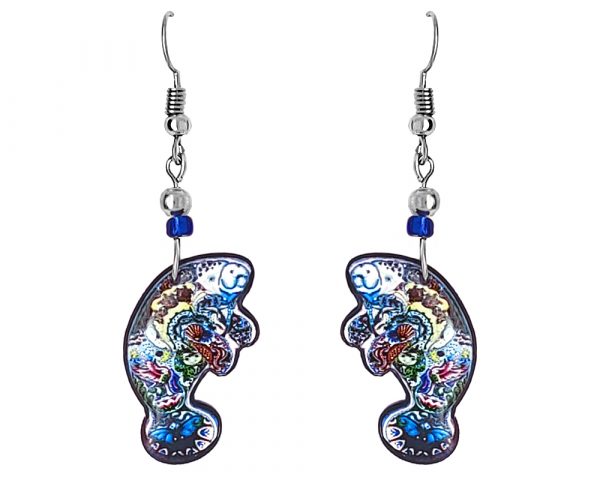 Psychedelic sea life pattern manatee acrylic dangle earrings with beaded metal hooks in blue, white, and multicolored color combination.