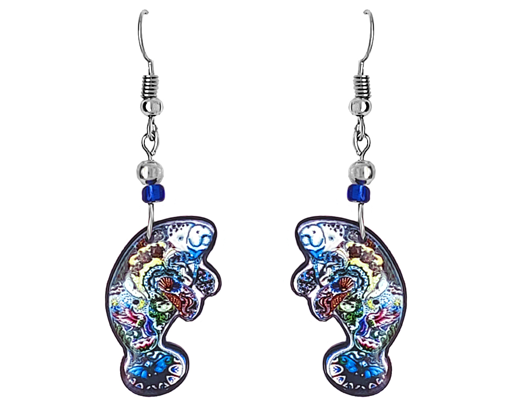 Psychedelic sea life pattern manatee acrylic dangle earrings with beaded metal hooks in blue, white, and multicolored color combination.