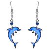 EA-042600350015 Dolphin acrylic dangle earrings with beaded metal hooks in light blue, turquoise, and white color combination.