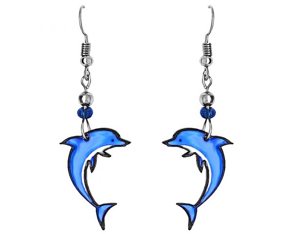Dolphin acrylic dangle earrings with beaded metal hooks in light blue, turquoise, and white color combination.
