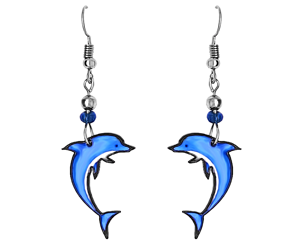 Dolphin acrylic dangle earrings with beaded metal hooks in light blue, turquoise, and white color combination.