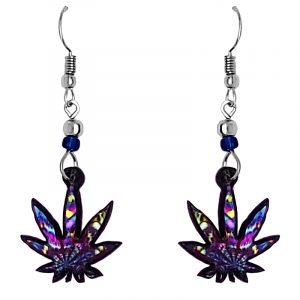 Multicolored cannabis pot leaf acrylic dangle earrings with beaded metal hooks in blue, purple, and multicolored color combination.