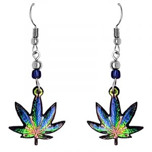 Multicolored cannabis pot leaf acrylic dangle earrings with beaded metal hooks in blue, lime green, and orange color combination.