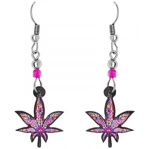Multicolored cannabis pot leaf acrylic dangle earrings with beaded metal hooks in hot pink, blue, and lime green combination.