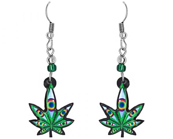 Psychedelic cannabis pot leaf with multiple eyes acrylic dangle earrings with beaded metal hooks in green and multicolored rainbow color combination.