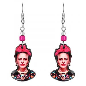 Handmade Frida inspired face earrings with acrylic, seed beads, and metal hooks in hot pink, black, peach, and multicolored color combination.
