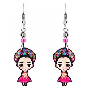 Handmade Frida inspired cartoon doll earrings with acrylic, seed beads, and metal hooks in hot pink, tan, beige, black, and multicolored color combination.