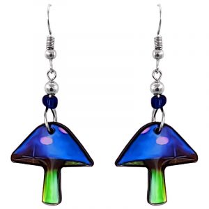 Abstract magic mushroom acrylic dangle earrings with beaded metal hooks in neon blue, green, and purple color combination.