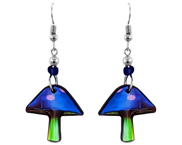 Abstract magic mushroom acrylic dangle earrings with beaded metal hooks in neon blue, green, and purple color combination.
