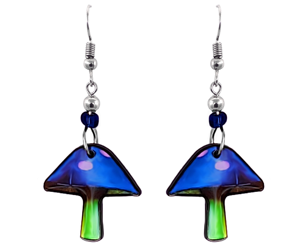 Abstract magic mushroom acrylic dangle earrings with beaded metal hooks in neon blue, green, and purple color combination.