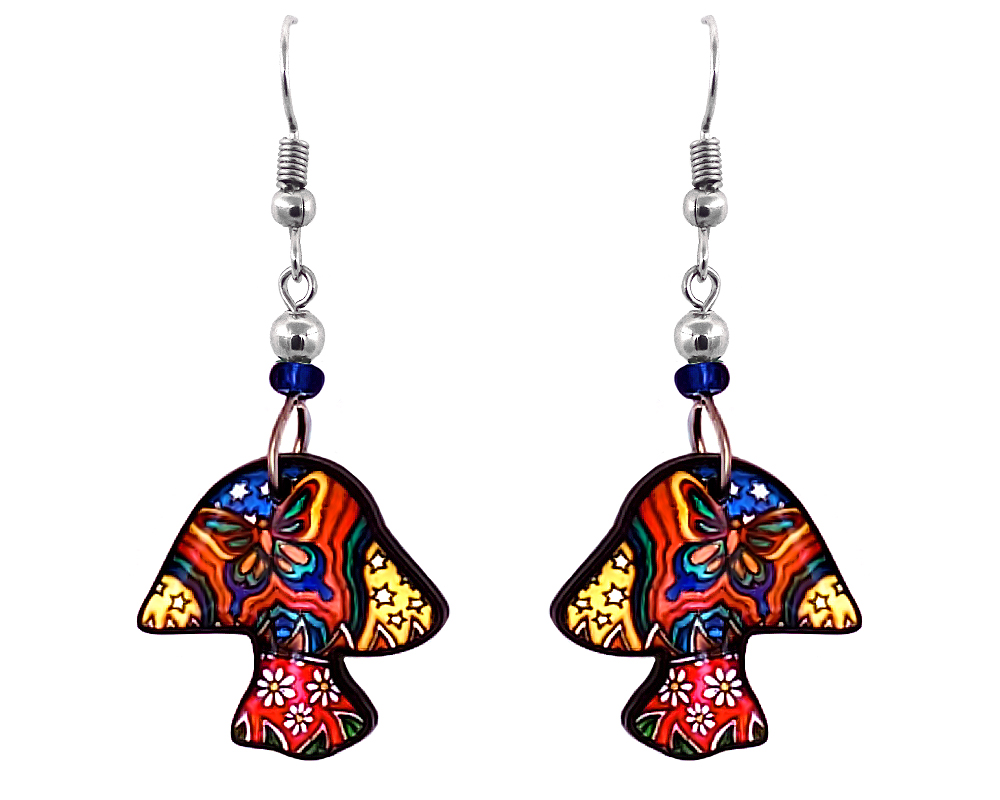 EA-048602010337 Psychedelic butterfly pattern magic mushroom acrylic dangle earrings with beaded metal hooks in multicolored color combination.