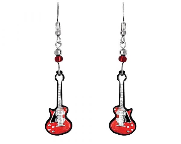 Handmade guitar musical instrument graphic acrylic dangle earrings with beaded metal hooks in red, white, black, and gray color combination.