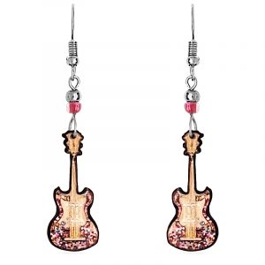 Handmade floral pattern guitar musical instrument graphic acrylic dangle earrings with beaded metal hooks in pink, burgundy, hot pink, and peach color combination.