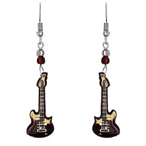 Handmade guitar musical instrument graphic acrylic dangle earrings with beaded metal hooks in burgundy, black, brown, and beige color combination.