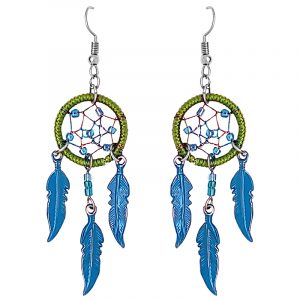 Handmade round beaded dream catcher earrings with iridescent thread and three long colored metal feather charm dangles in lime green, turquoise blue, and silver color combination.
