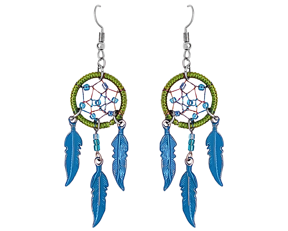 Handmade round beaded dream catcher earrings with iridescent thread and three long colored metal feather charm dangles in lime green, turquoise blue, and silver color combination.