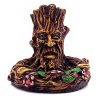 Handcrafted round incense holder ash tray with a floral design and a 3D figurine of a tree man in brown, black, gold, green, and multicolored color combination.