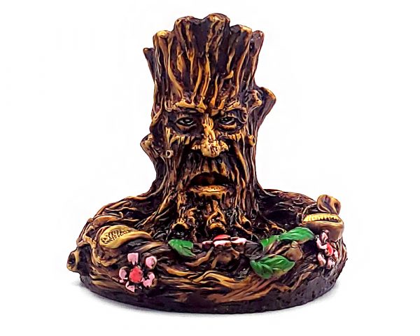 Handcrafted round incense holder ash tray with a floral design and a 3D figurine of a tree man in brown, black, gold, green, and multicolored color combination.
