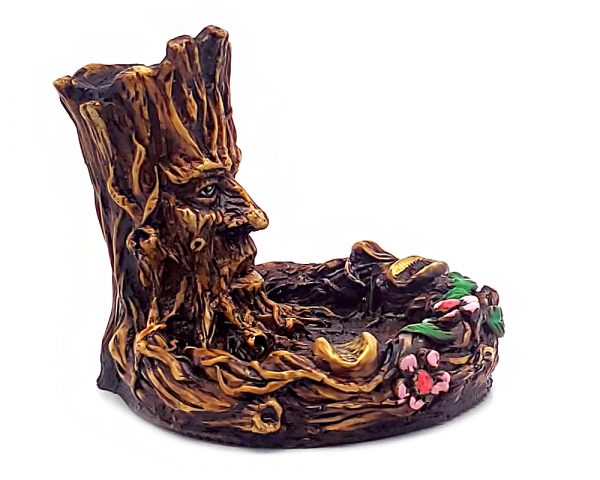 Handcrafted round incense holder ash tray with a floral design and a 3D figurine of a tree man in brown, black, gold, green, and multicolored color combination.