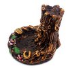 Handcrafted round incense holder ash tray with a floral design and a 3D figurine of a tree man in brown, black, gold, green, and multicolored color combination.