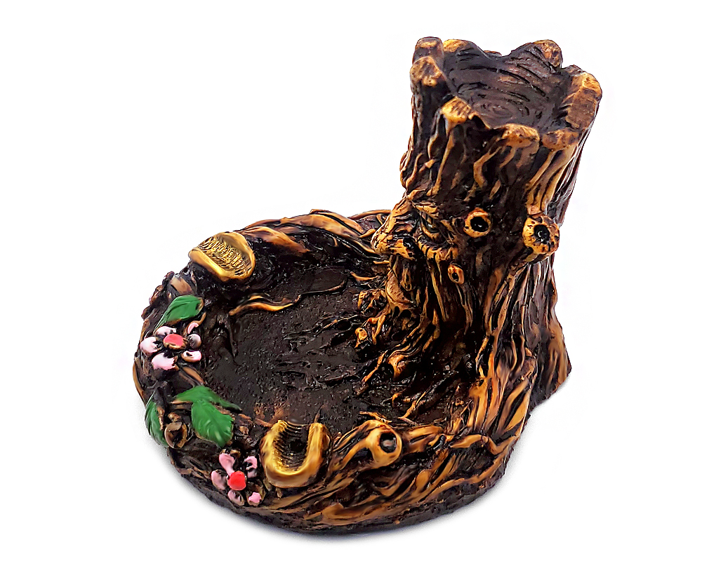 Handcrafted round incense holder ash tray with a floral design and a 3D figurine of a tree man in brown, black, gold, green, and multicolored color combination.