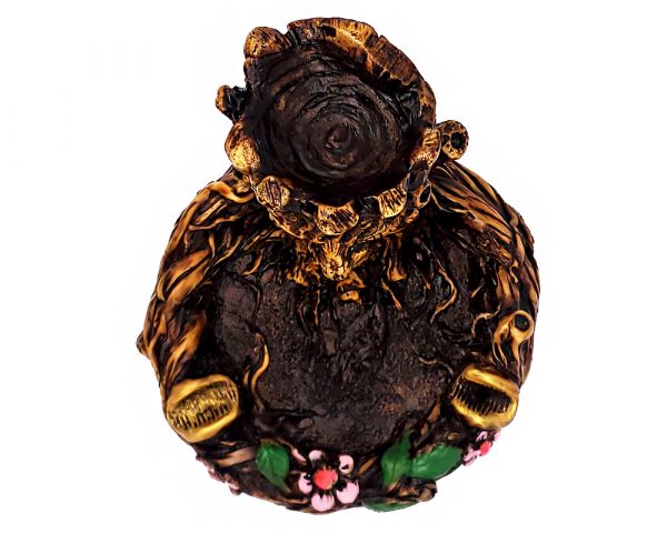 Handcrafted round incense holder ash tray with a floral design and a 3D figurine of a tree man in brown, black, gold, green, and multicolored color combination.