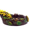 Handcrafted round incense holder ash tray with floral design and a 3D figurine of a sunflower with leaves in yellow, brown, black, gold, green, and multicolored color combination.