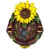 Handcrafted round incense holder ash tray with floral design and a 3D figurine of a sunflower with leaves in yellow, brown, black, gold, green, and multicolored color combination.