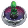 Handcrafted round incense holder ash tray in a flying saucer shape with a galaxy design and a 3D figurine of an alien in green, silver, dark purple, red, white, and black color combination.