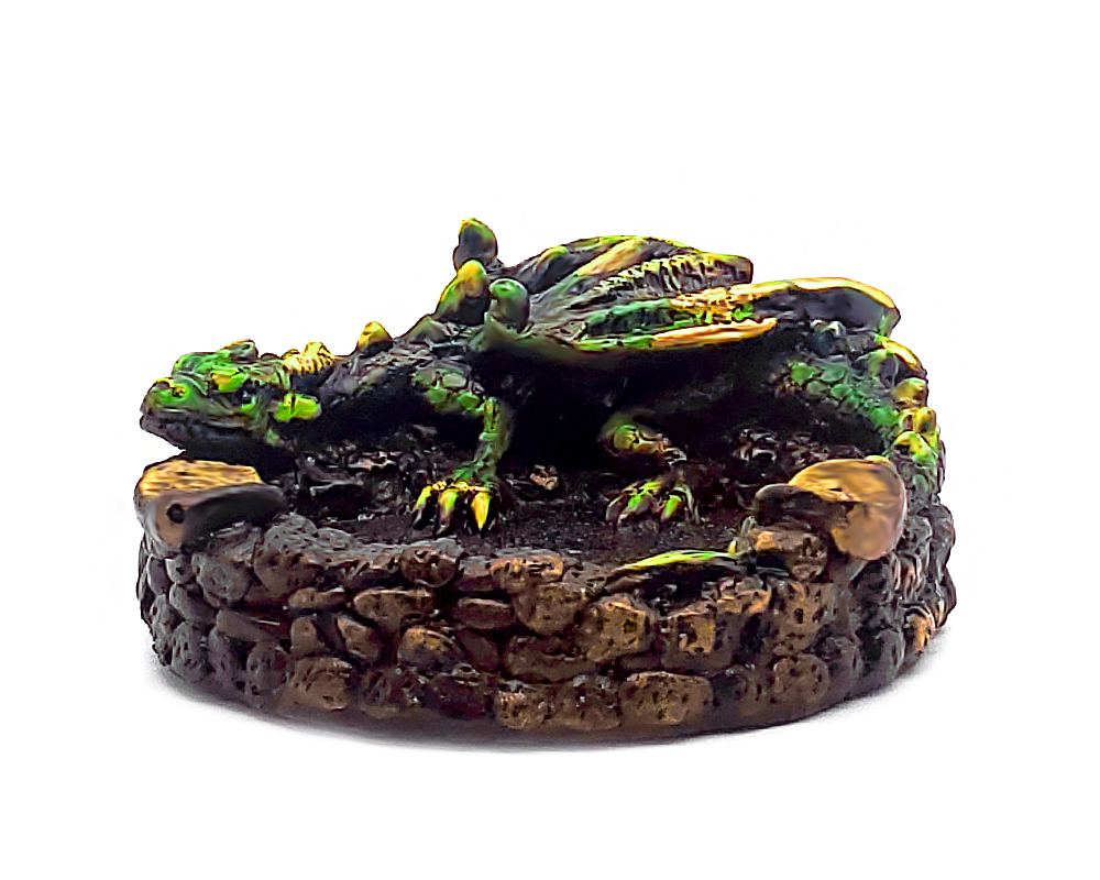 Handcrafted round incense holder ash tray with a 3D figurine of a laying dragon in green, brown, black, and gold color combination.
