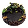 Handcrafted round incense holder ash tray with a 3D figurine of a laying dragon in green, brown, black, and gold color combination.