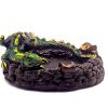 Handcrafted round incense holder ash tray with a 3D figurine of a laying dragon in green, brown, black, and gold color combination.