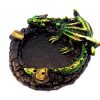 Handcrafted round incense holder ash tray with a 3D figurine of a laying dragon in green, brown, black, and gold color combination.