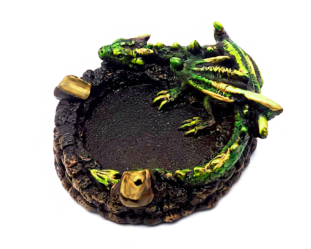 Handcrafted round incense holder ash tray with a 3D figurine of a laying dragon in green, brown, black, and gold color combination.