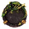 Handcrafted round incense holder ash tray with a 3D figurine of a laying dragon in green, brown, black, and gold color combination.