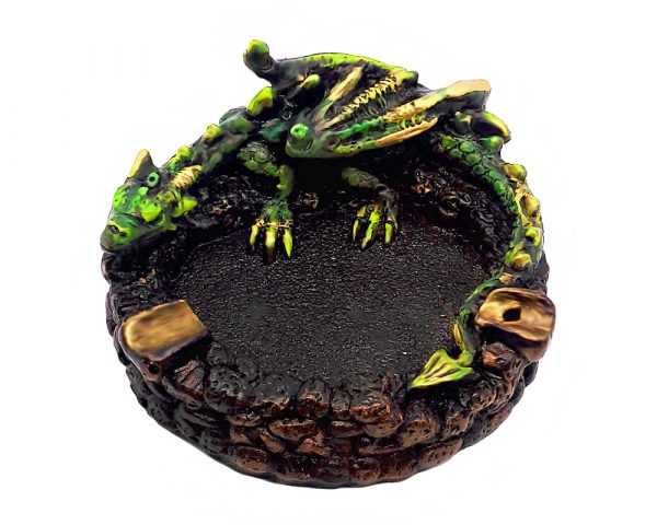 Handcrafted round incense holder ash tray with a 3D figurine of a laying dragon in green, brown, black, and gold color combination.