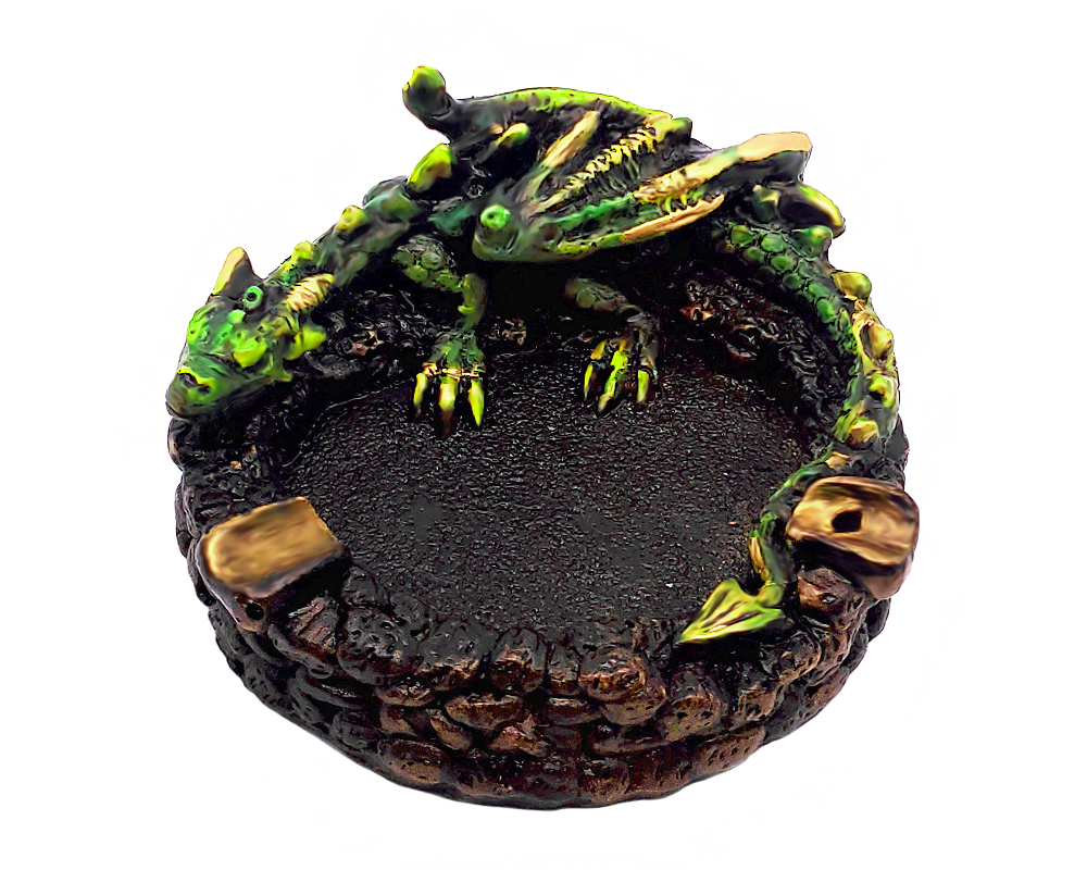 Handcrafted round incense holder ash tray with a 3D figurine of a laying dragon in green, brown, black, and gold color combination.