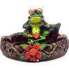 Handcrafted round incense holder ash tray with a floral design and 3D figurine of a chill frog relaxing with sunglasses in green, red, black, brown, and gold color combination.