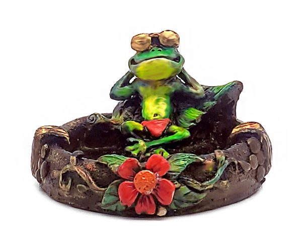 Handcrafted round incense holder ash tray with a floral design and 3D figurine of a chill frog relaxing with sunglasses in green, red, black, brown, and gold color combination.
