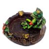 Handcrafted round incense holder ash tray with a floral design and 3D figurine of a chill frog relaxing with sunglasses in green, red, black, brown, and gold color combination.