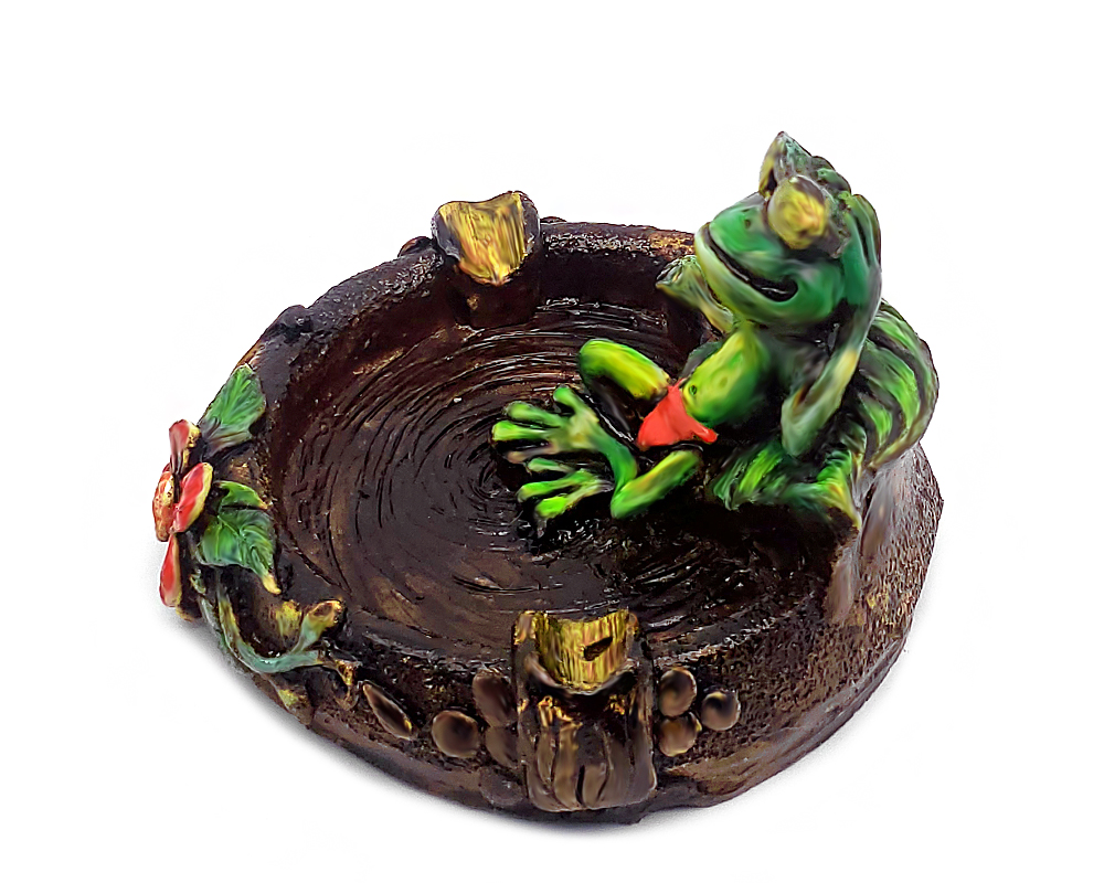 Handcrafted round incense holder ash tray with a floral design and 3D figurine of a chill frog relaxing with sunglasses in green, red, black, brown, and gold color combination.