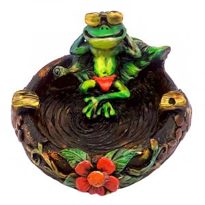 Handcrafted round incense holder ash tray with a floral design and 3D figurine of a chill frog relaxing with sunglasses in green, red, black, brown, and gold color combination.