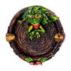 Handcrafted round incense holder ash tray with a floral design and 3D figurine of a chill frog relaxing with sunglasses in green, red, black, brown, and gold color combination.